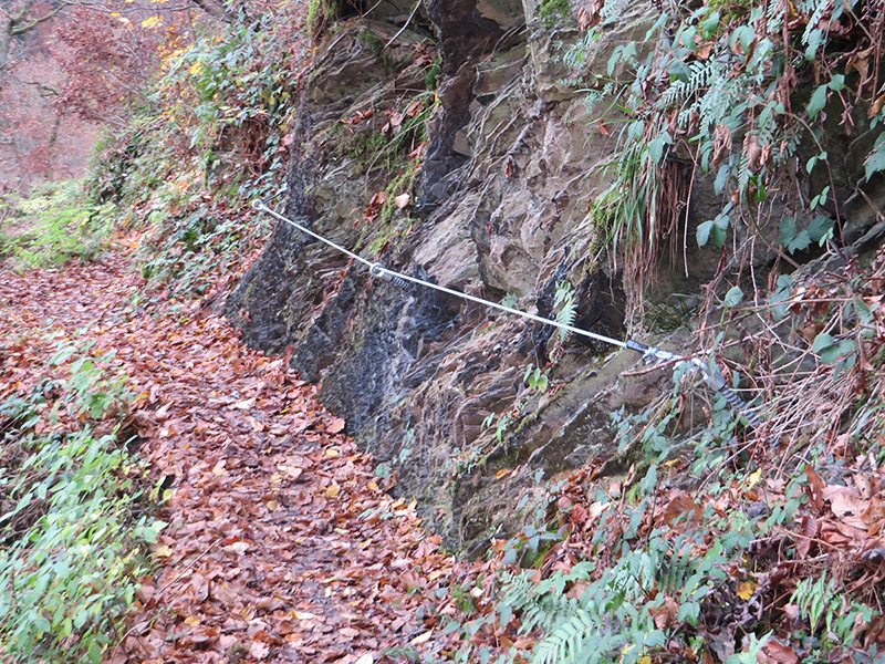 Schmaler Weg, Steig, Sicherungsseil, AV, Herbstlaub auf dem Weg, AhrSteig-Lückenschluss: Spannend, aber nicht gefährlich – der neue AV (Foto: Hans-Joachim Schneider)